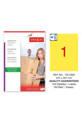 Tanex TW-2000 210x297mm Sarı Pastel Laser Etiket 100 Lü 