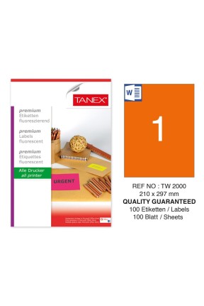 Tanex TW-2000 210x297mm Turuncu Floresan Laser Etiket 100 Lü Tanex TW-2000 210x297mm Turuncu Floresan Laser Etiket 100 Lü