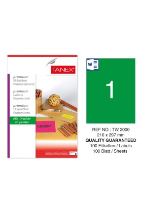 Tanex TW-2000 210x297mm Yeşil Floresan Laser Etiket 100 Lü Tanex TW-2000 210x297mm Yeşil Floresan Laser Etiket 100 Lü