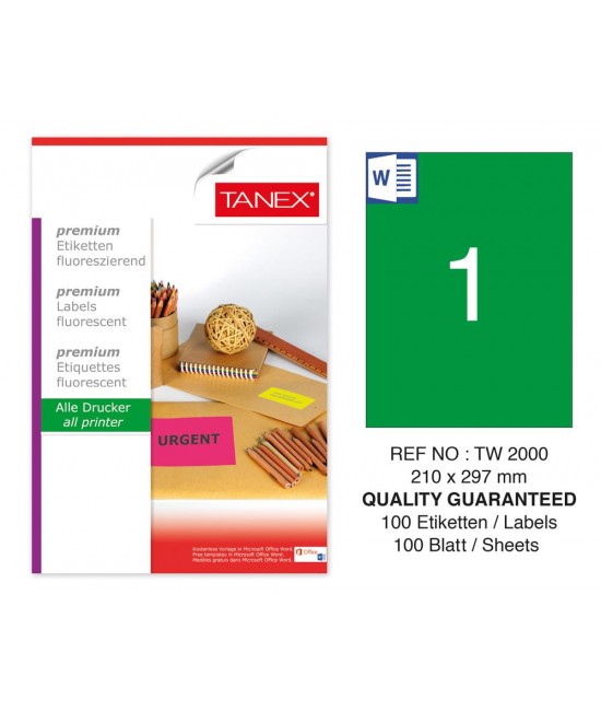 Tanex TW-2000 210x297mm Green Fluorescent Laser Label 100 Pcs