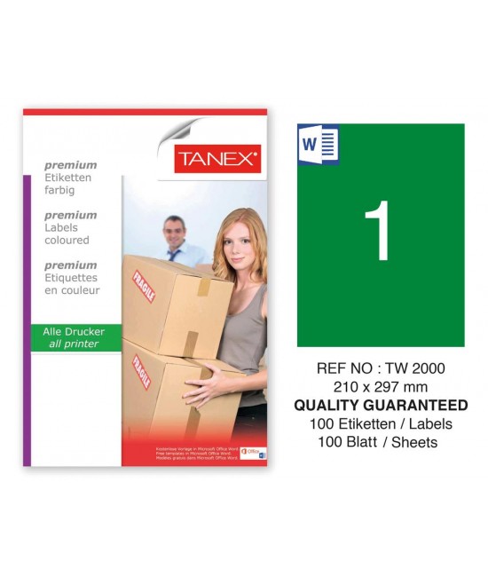Tanex TW-2000 210x297mm Yeşil Pastel Laser Etiket 100 Lü 