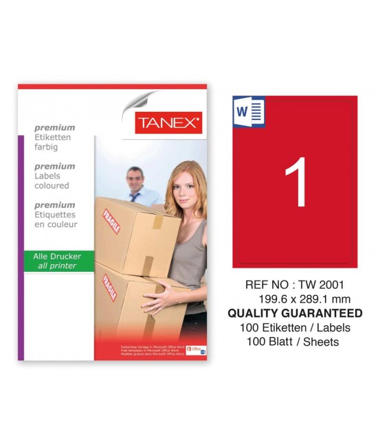 Tanex TW-2001 199,6x289,1mm Kırmızı Pastel Laser Etiket 100 Lü 