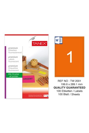 Tanex TW-2001 199,6x289,1 mm Turuncu Floresan Laser Etiket 100 Lü Tanex TW-2001 199,6x289,1 mm Turuncu Floresan Laser Etiket 100 Lü