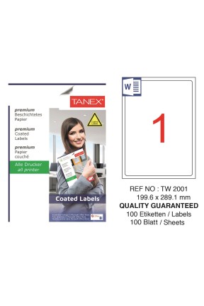 Tanex TW-2001 199.6x289.1mm Kuşe Laser Etiket 100 Lü