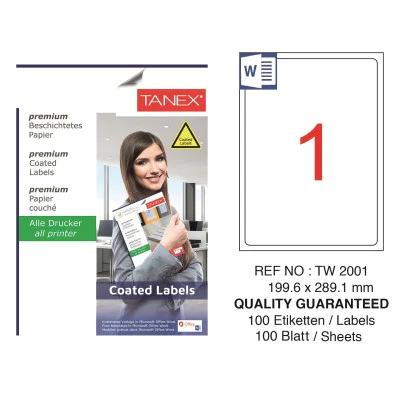 Tanex TW-2001 199.6x289.1mm Kuşe Laser Etiket 100 Lü Tanex TW-2001 199.6x289.1mm Kuşe Laser Etiket 100 Lü