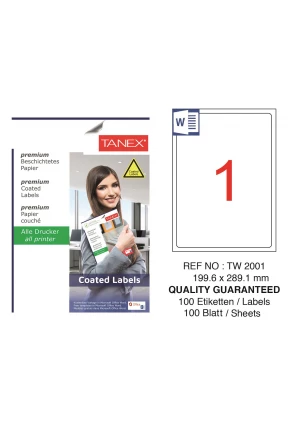 Tanex TW-2001 199.6x289.1mm Kuşe Laser Etiket 100 Lü