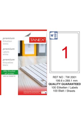 Tanex TW-2001 199.6x289.1mm Laser Etiket 100 Lü Tanex TW-2001 199.6x289.1mm Laser Etiket 100 Lü