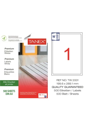 Tanex Tw-2001 199.6x289.1mm Laser Etiket 500 Lü