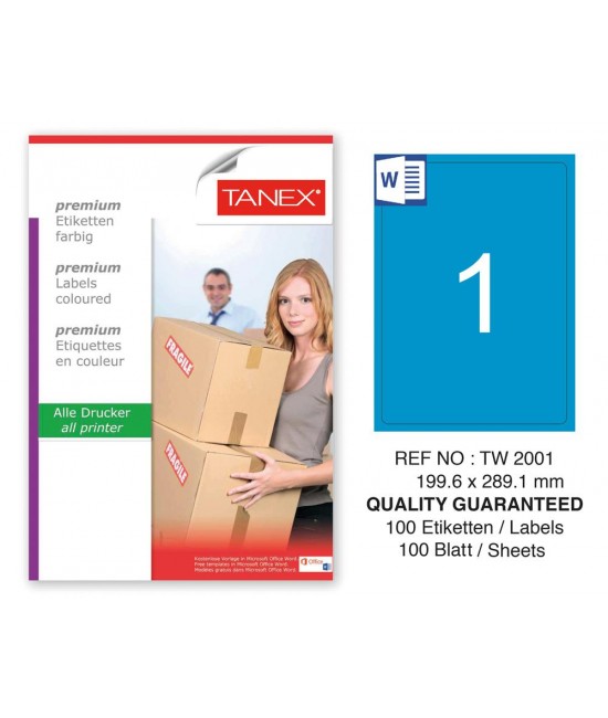 Tanex TW-2001 199,6x289,1mm Mavi Pastel Laser Etiket 100 Lü