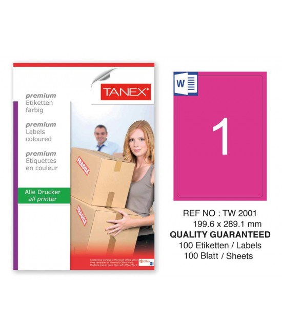 Tanex TW-2001 199,6x289,1mm Pembe Pastel Laser Etiket 100 Lü 