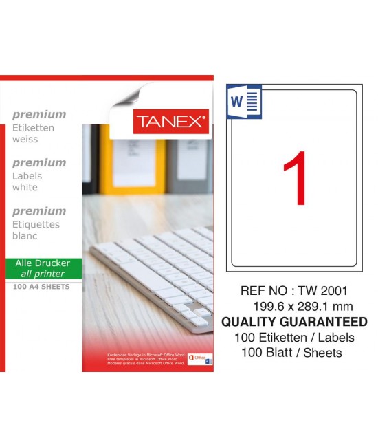Tanex TW-2001 199,6x289,1mm Sökülebilir Etiket 100 Lü