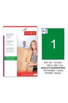 Tanex TW-2001 199,6x289,1mm Yeşil Pastel Laser Etiket 100 Lü 