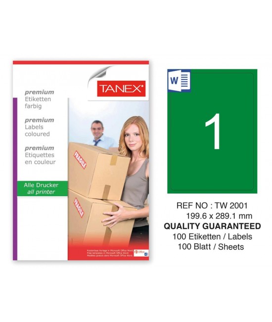 Tanex TW-2001 199,6x289,1mm Yeşil Pastel Laser Etiket 100 Lü