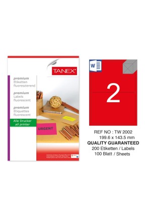 Tanex TW-2002 199.6x143,5 mm Kırmızı Floresan Laser Etiket 100 Lü Tanex TW-2002 199.6x143,5 mm Kırmızı Floresan Laser Etiket 100 Lü