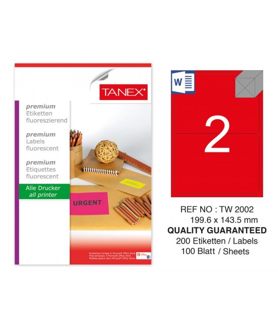 Tanex TW-2002 199.6x143.5 mm Red Fluorescent Laser Label 100 Pcs