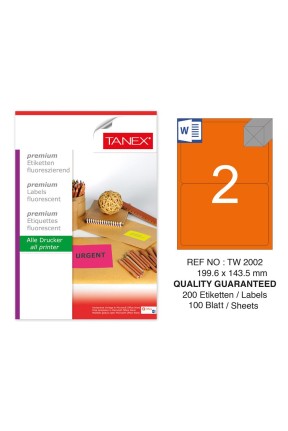 Tanex TW-2002 199,6x143,5 mm Turuncu Floresan Laser Etiket 100 Lü Tanex TW-2002 199,6x143,5 mm Turuncu Floresan Laser Etiket 100 Lü