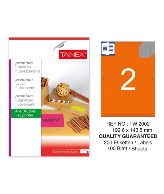 Tanex TW-2002 199.6x143.5 mm Orange Fluorescent Laser Label 100 Pcs