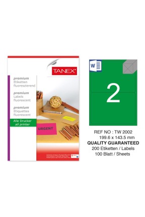 Tanex TW-2002 199,6x143,5 mm Yeşil Floresan Laser Etiket 100 Lü Tanex TW-2002 199,6x143,5 mm Yeşil Floresan Laser Etiket 100 Lü