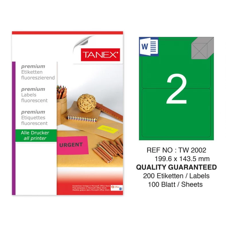 Tanex TW-2002 199,6x143,5 mm Yeşil Floresan Laser Etiket 100 Lü