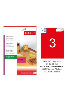Tanex TW-2003 210x99 mm Kırmızı Floresan Laser Etiket 100 Lü Tanex TW-2003 210x99 mm Kırmızı Floresan Laser Etiket 100 Lü