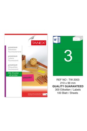 Tanex TW-2003 210x99 mm Yeşil Floresan Laser Etiket 100 Lü Tanex TW-2003 210x99 mm Yeşil Floresan Laser Etiket 100 Lü