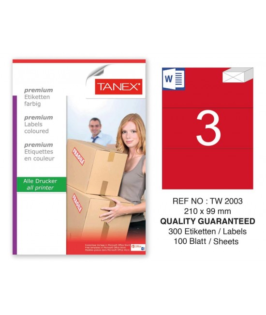 Tanex TW-2003 210x99mm Kırmızı Pastel Laser Etiket 100 Lü 