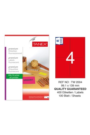 Tanex TW-2004 99,1x139 mm Kırmızı Floresan Laser Etiket 100 Lü Tanex TW-2004 99,1x139 mm Kırmızı Floresan Laser Etiket 100 Lü