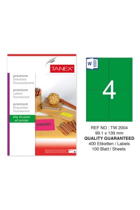 Tanex TW-2004 99,1x139 mm Yeşil Floresan Laser Etiket 100 Lü Tanex TW-2004 99,1x139 mm Yeşil Floresan Laser Etiket 100 Lü