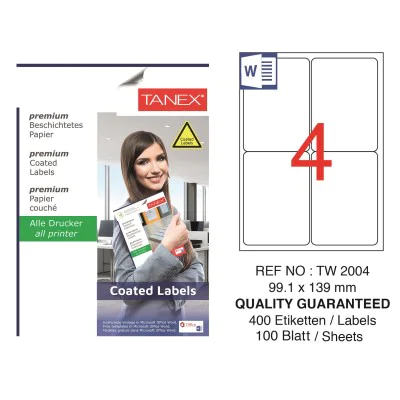 Tanex Tw-2004 Kuşe Laser Etiket 99.1 x 139 mm Tanex Tw-2004 Kuşe Laser Etiket 99.1 x 139 mm