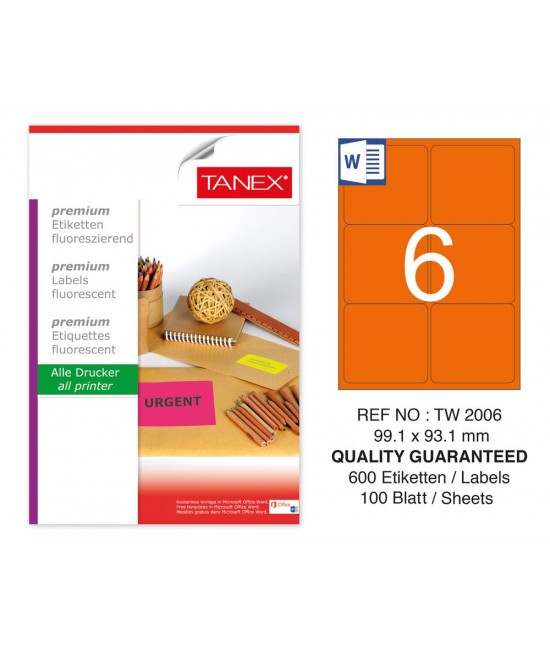 Tanex TW-2006 99.1x93.1 mm Orange Fluorescent Laser Label 100 Pcs