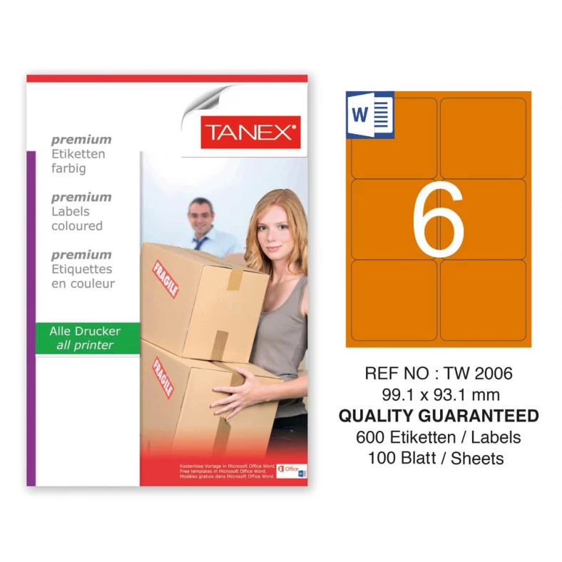 Tanex TW-2006 99,1x93,1mm Turuncu Pastel Laser Etiket 100 Lü