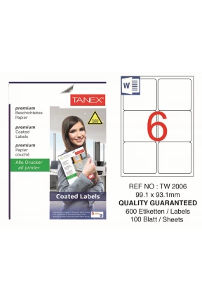 Tanex TW-2006 Kuşe Laser Etiket  99,1 x 93,1mm 