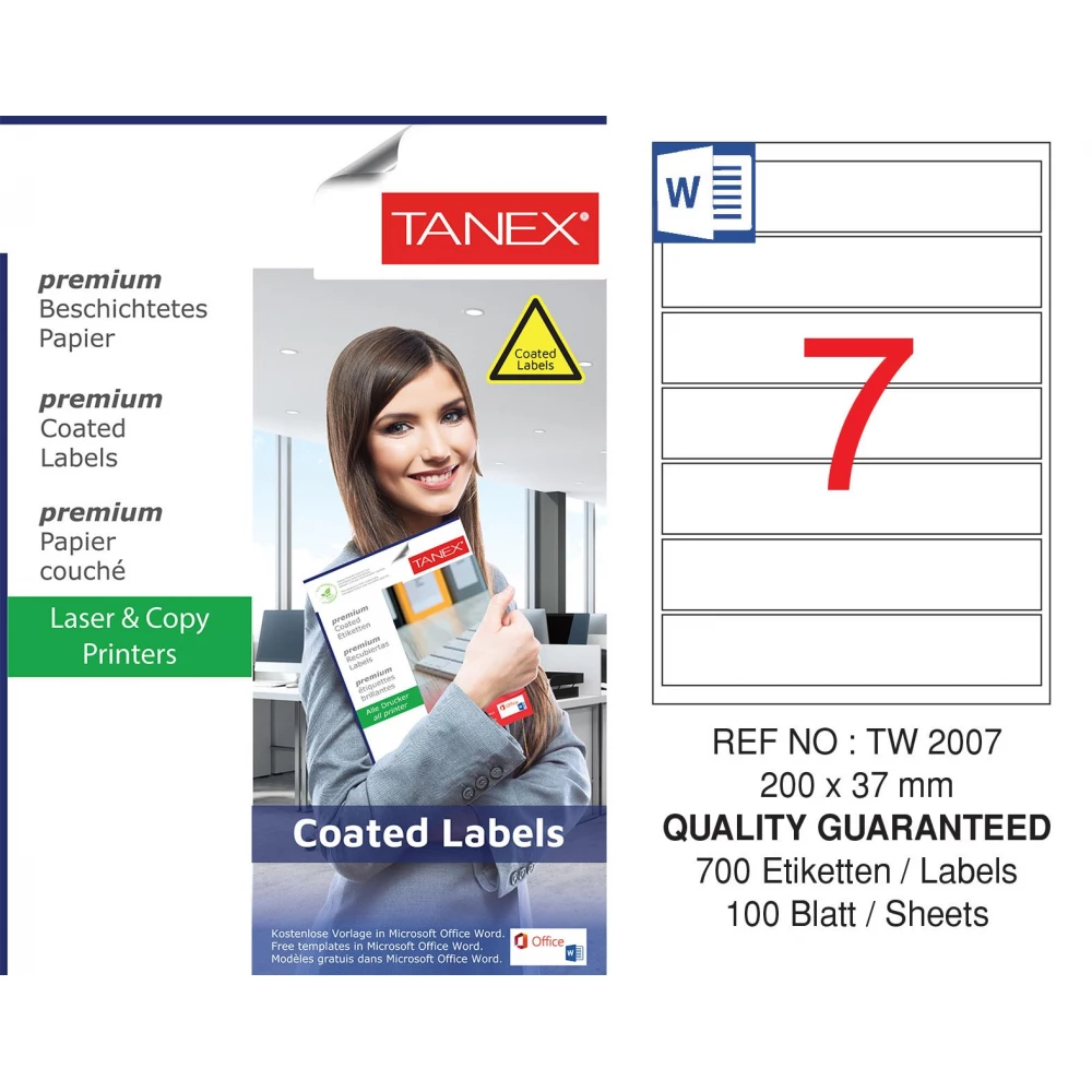 Tanex TW-2007 200x37 mm Kuşe Laser Etiket 100 Sayfa