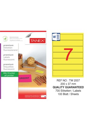Tanex TW-2007 200x37 mm Sarı Floresan Laser Etiket 100 Lü 
