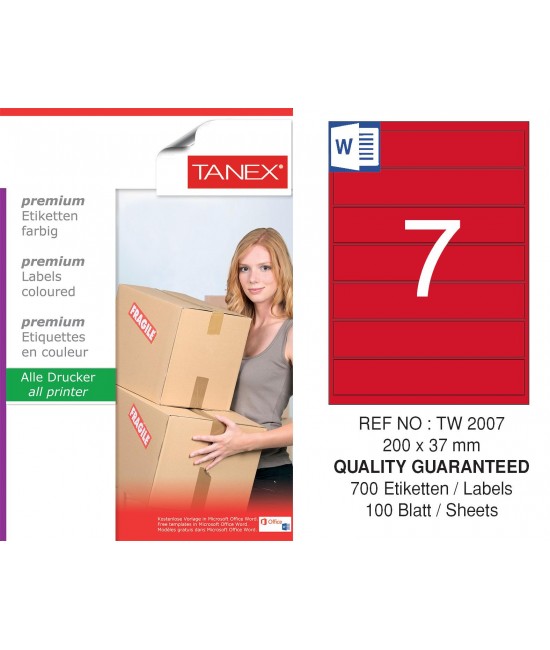 Tanex TW-2007 200x37mm Red Pastel Laser Label 100 Pcs