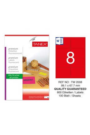 Tanex TW-2008 99,1x67,7 mm Kırmızı Floresan Laser Etiket 100 Lü 