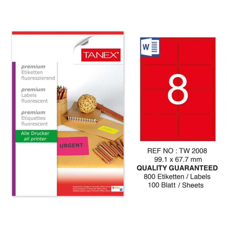 Tanex TW-2008 99,1x67,7 mm Kırmızı Floresan Laser Etiket 100 Lü