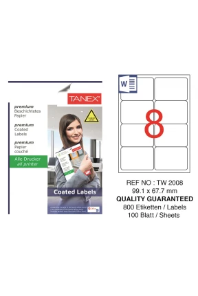 Tanex TW-2008 99,1x67,7 mm Kuşe Laser Etiket