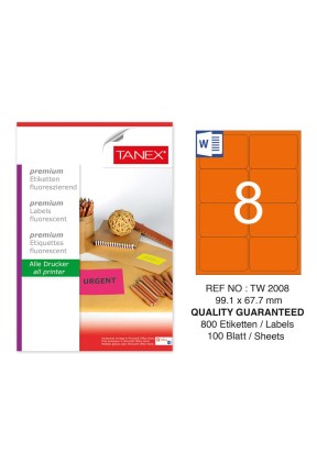 Tanex TW-2008 99,1x67,7 mm Turuncu Floresan Laser Etiket 100 Lü 