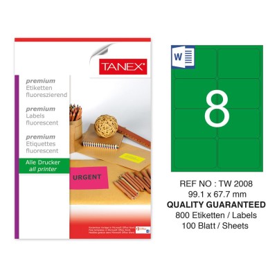 Tanex TW-2008 99,1x67,7 mm Yeşil Floresan Laser Etiket 100 Lü