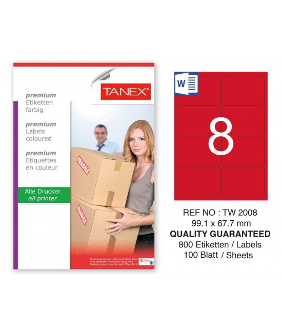 Tanex TW-2008 99,1x67,7mm Kırmızı Pastel Laser Etiket 100 Lü