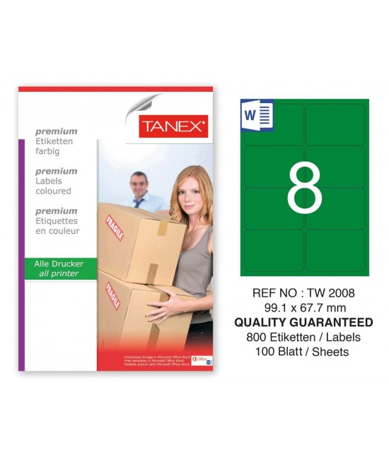Tanex TW-2008 99,1x67,7mm Yeşil Pastel Laser Etiket 100 Lü