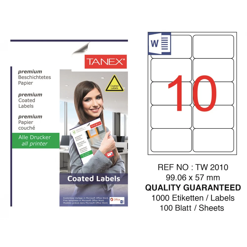 Tanex TW-2010 99,06x57mm Kuşe Laser Etiket 100'lü Paket