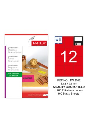Tanex TW-2012 63,5x72 mm Kırmızı Floresan Laser Etiket 100 Lü 