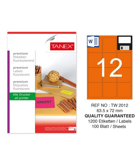 Tanex TW-2012 63.5x72 mm Orange Fluorescent Laser Label 100 Pcs
