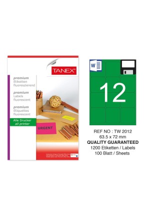 Tanex TW-2012 63,5x72 mm Yeşil Floresan Laser Etiket 100 Lü 