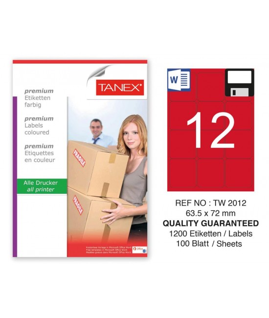 Tanex TW-2012 63,5x72mm Kırmızı Pastel Laser Etiket 100 Lü