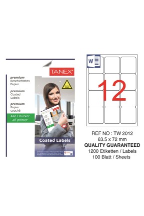 Tanex TW-2012 63,5x72mm Kuşe Laser Etiket 100 Lü Paket