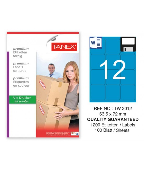 Tanex TW-2012 63,5x72mm Mavi Pastel Laser Etiket 100 Lü 