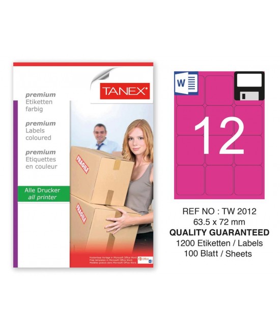 Tanex TW-2012 63,5x72mm Pembe Pastel Laser Etiket 100 Lü 